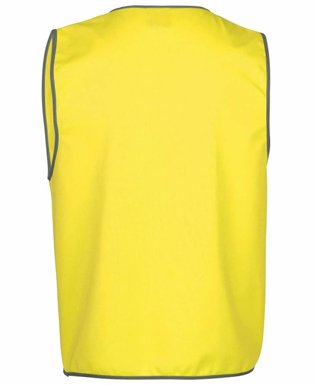 A yellow tricot vest with grey trim, designed as workwear for various applications. Features a branding logo.