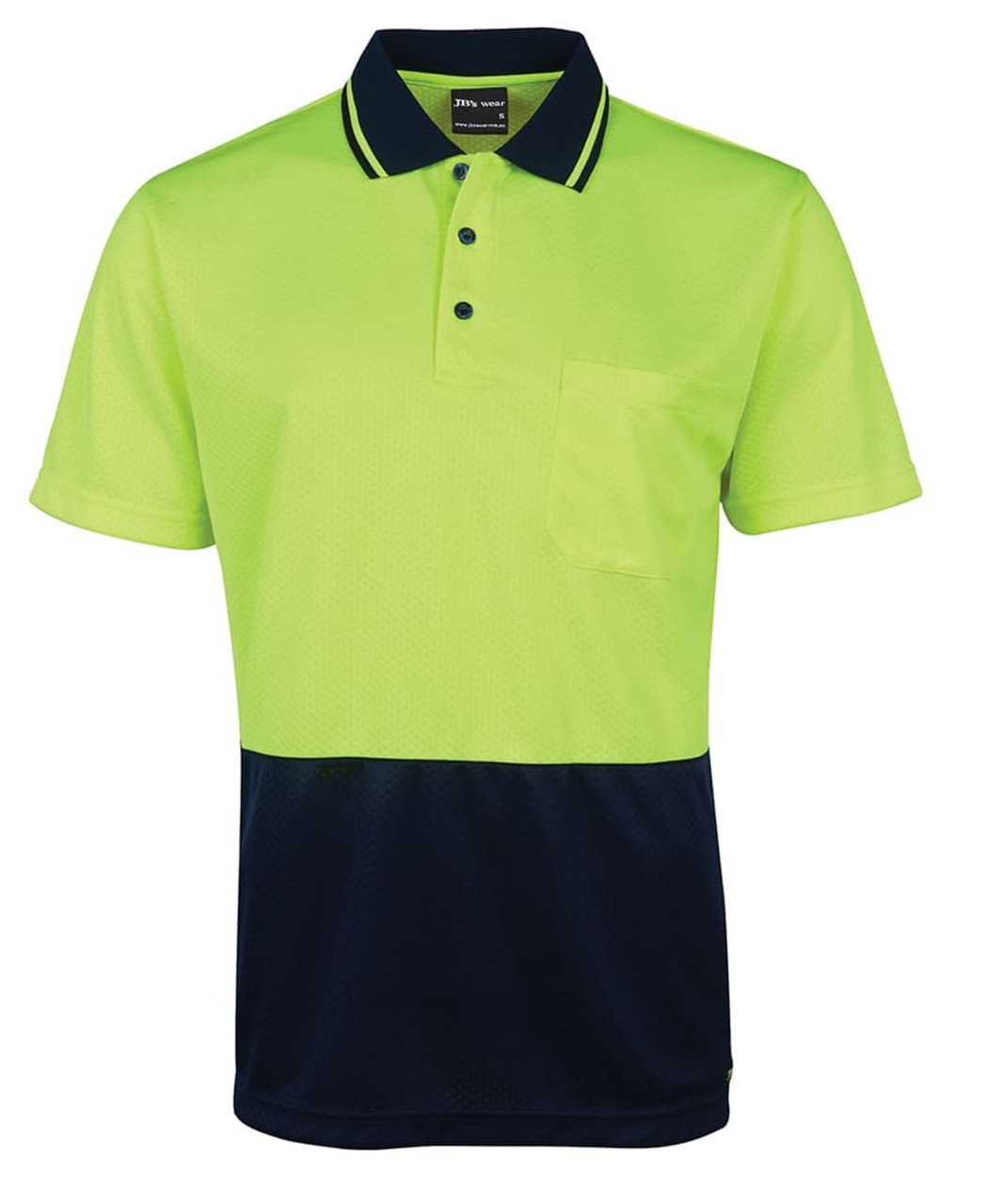 A bright yellow and navy polo shirt with a pocket and a logo. Ideal for workwear and promoting visibility.