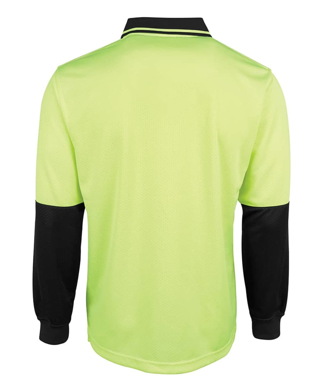 A long-sleeved polo shirt featuring a bright lime green front and black sleeves, with a plain design and a collar.