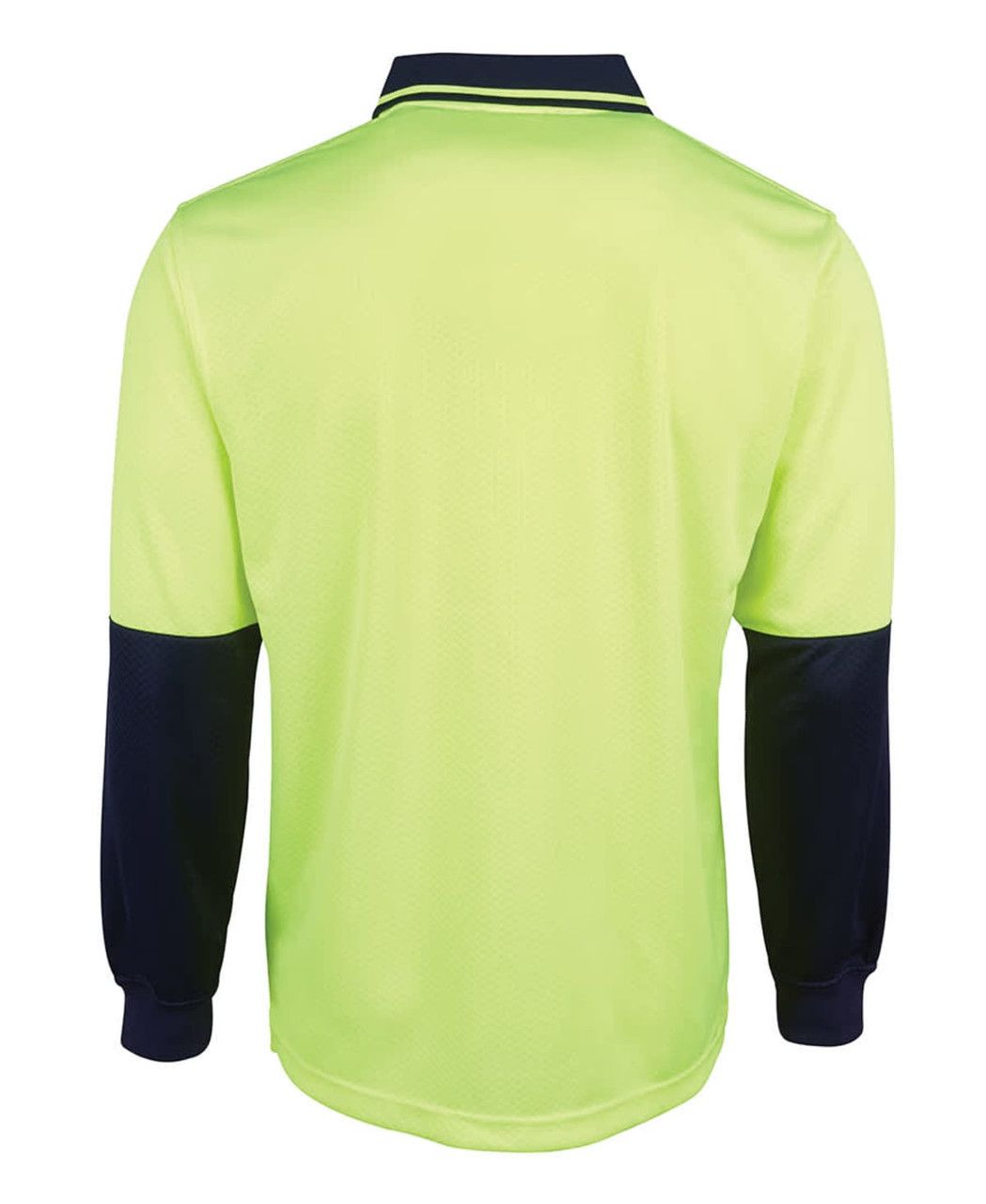 A long-sleeve polo shirt in high-visibility yellow with navy blue sleeves and collar, featuring a logo.