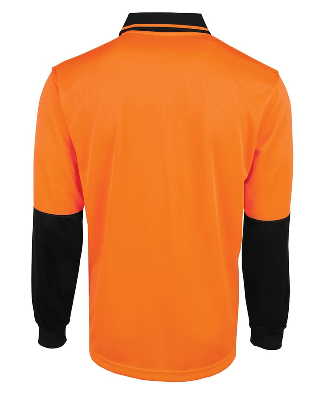 An orange and black long-sleeve polo shirt featuring a collar and contrasting sleeve details, with a logo present.