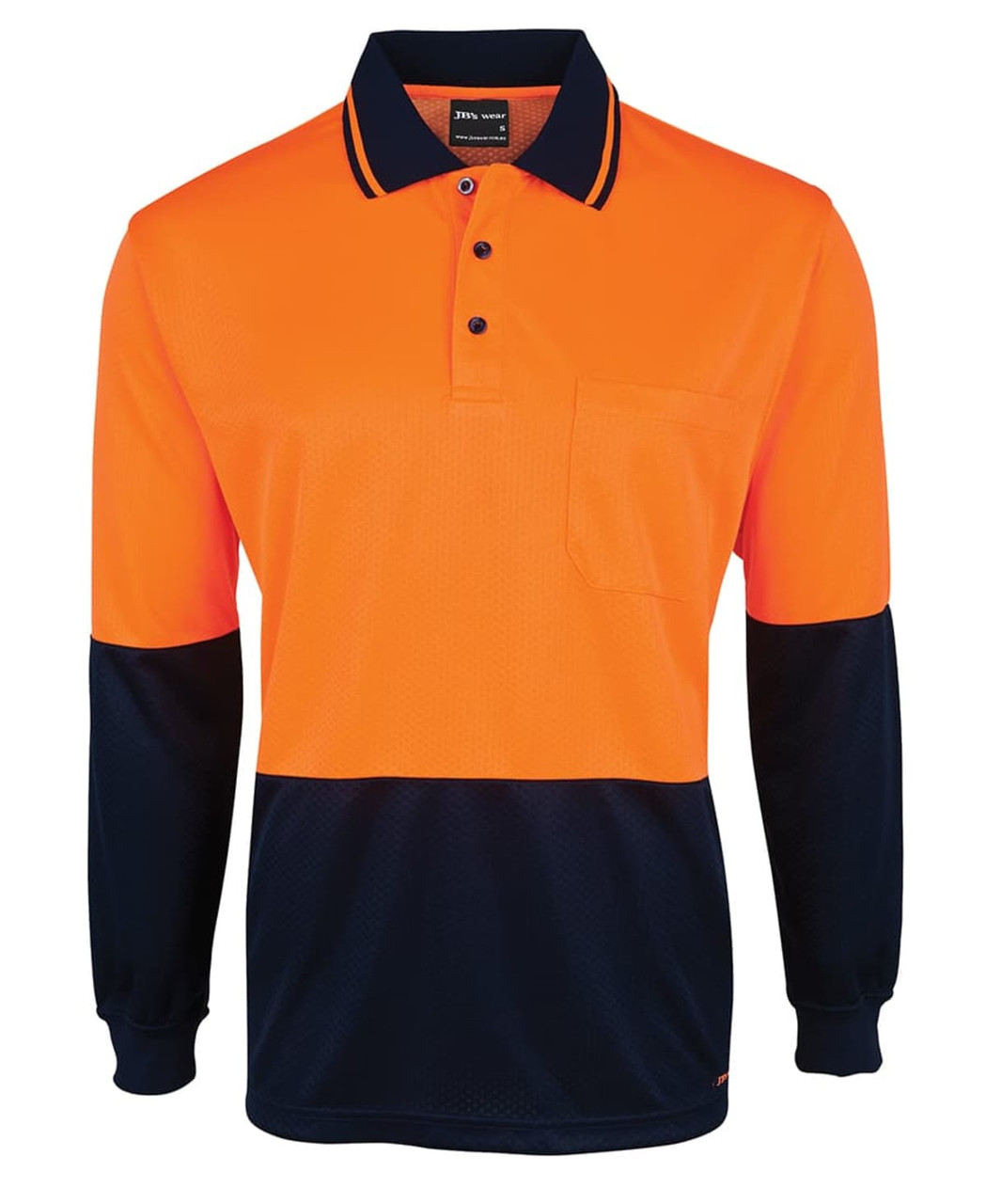 An orange and navy long-sleeve polo shirt with a pocket and logo.