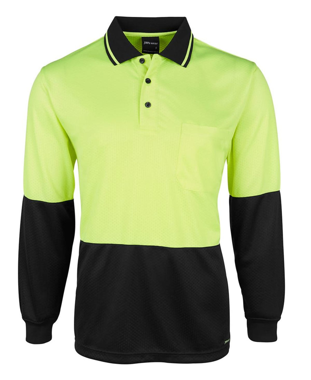 A long-sleeved polo shirt in fluorescent yellow and black, featuring a chest pocket and a collar. It has a logo.