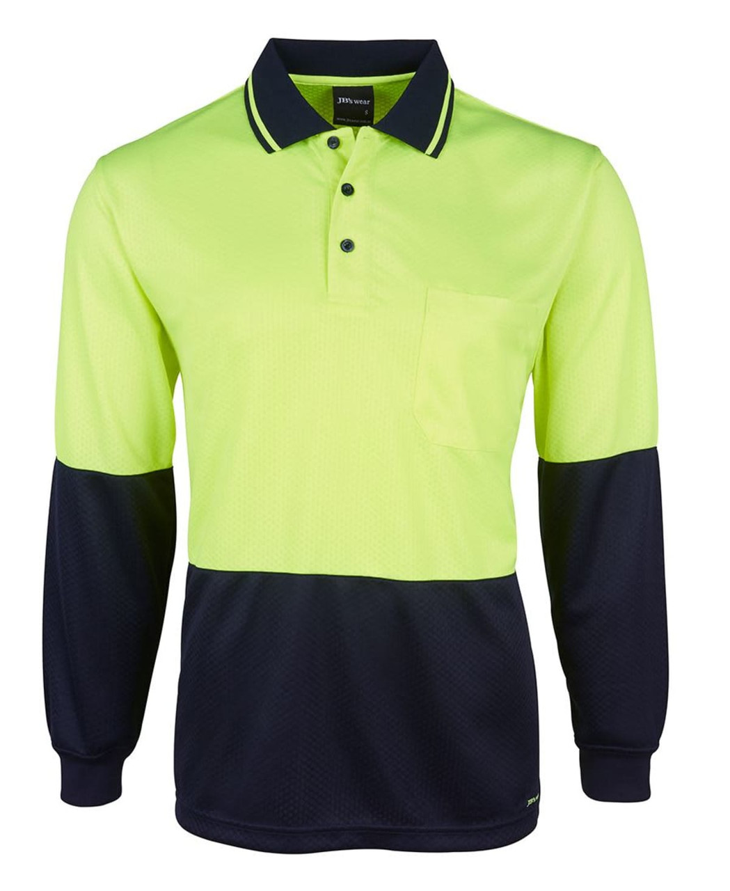 A long-sleeve polo shirt featuring a bright yellow top and navy blue bottom, with a pocket and a logo.