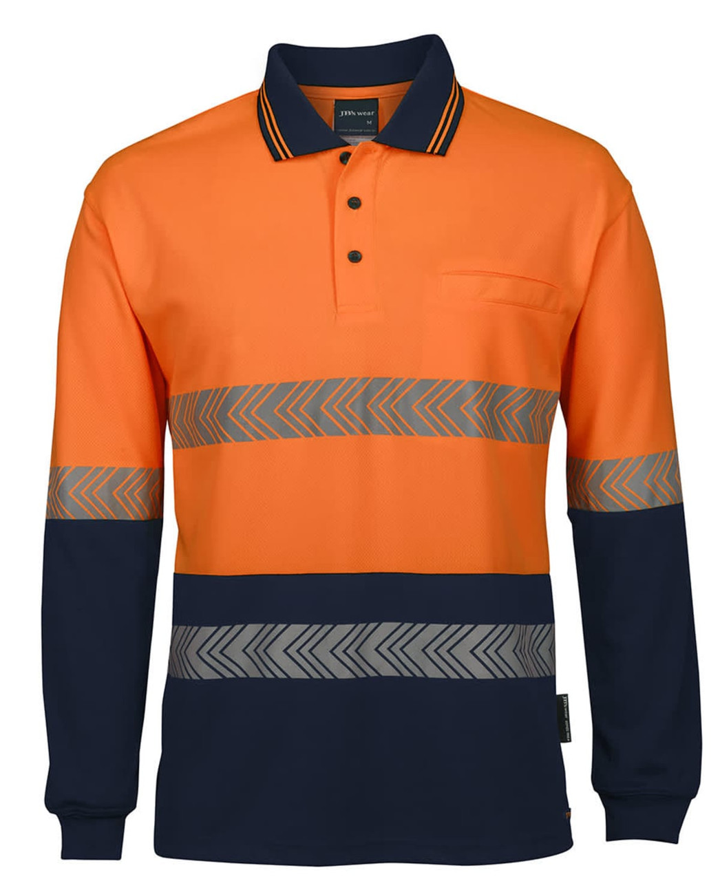 High-visibility long-sleeve polo shirt in orange and navy, featuring reflective segmented tape and a chest pocket.