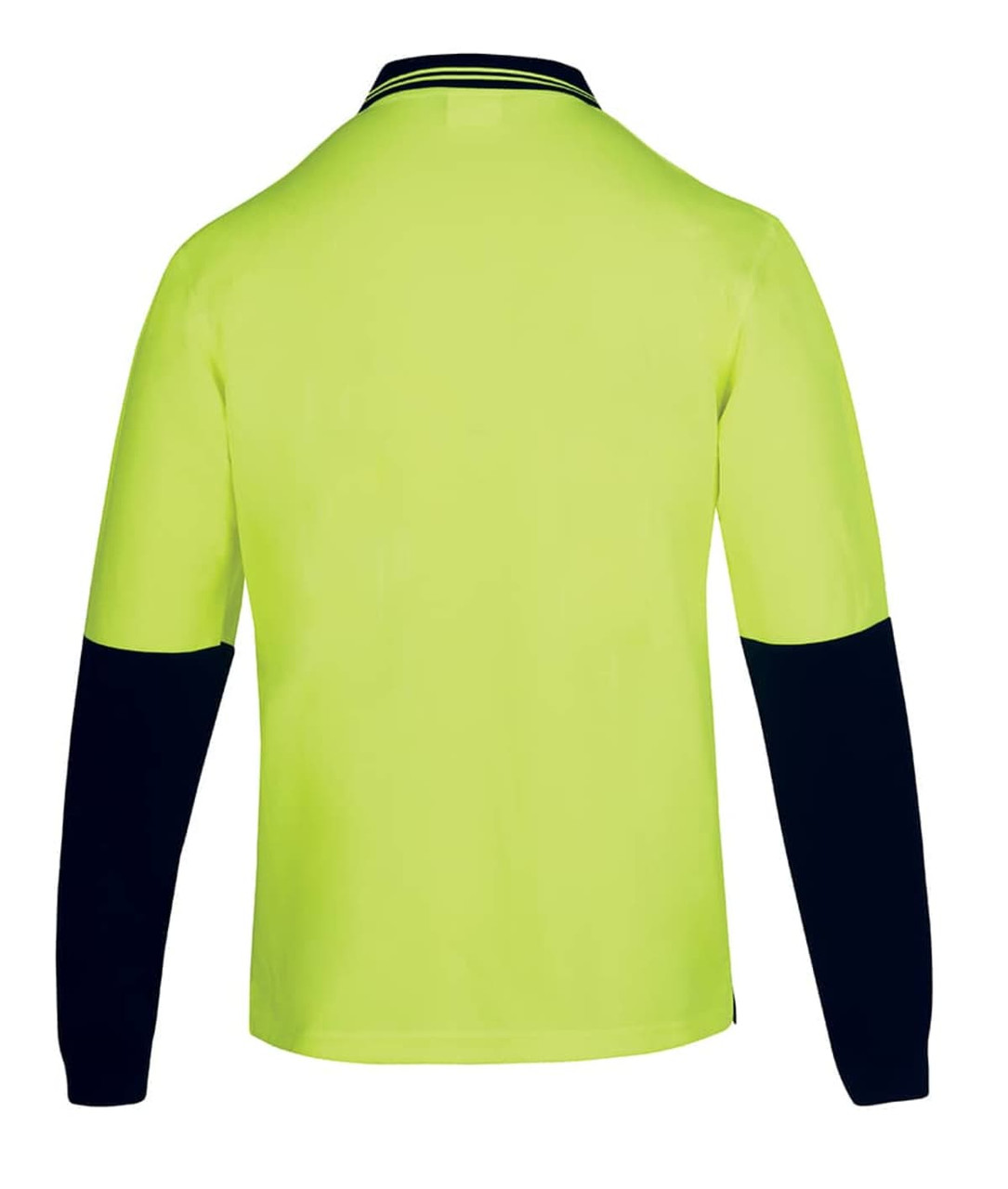 A long-sleeved polo shirt in lime green with navy blue sleeves, featuring a logo on the front.