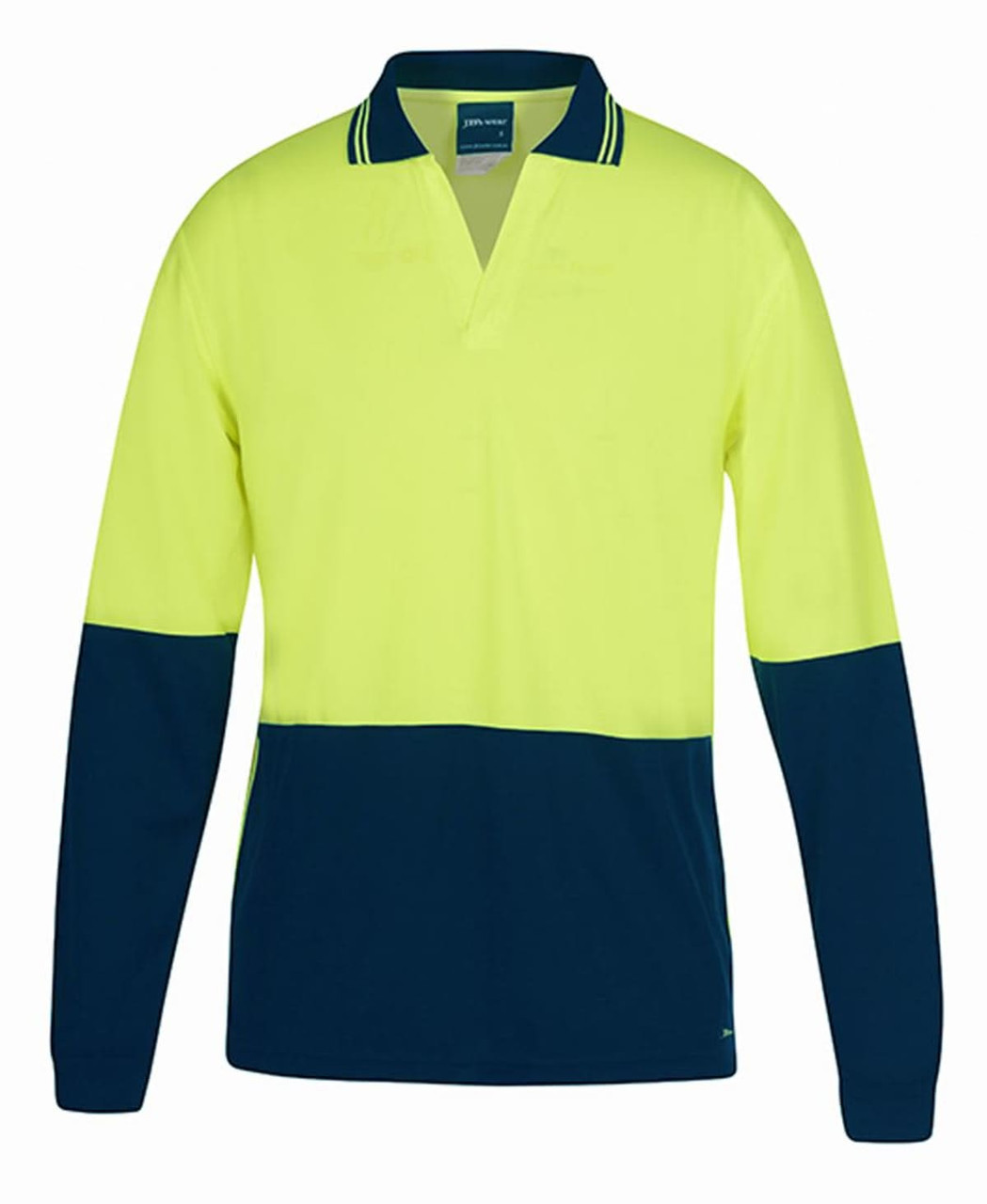 A long-sleeved polo shirt in lime and navy, featuring a collar and contrasting colour blocks. Includes a logo.