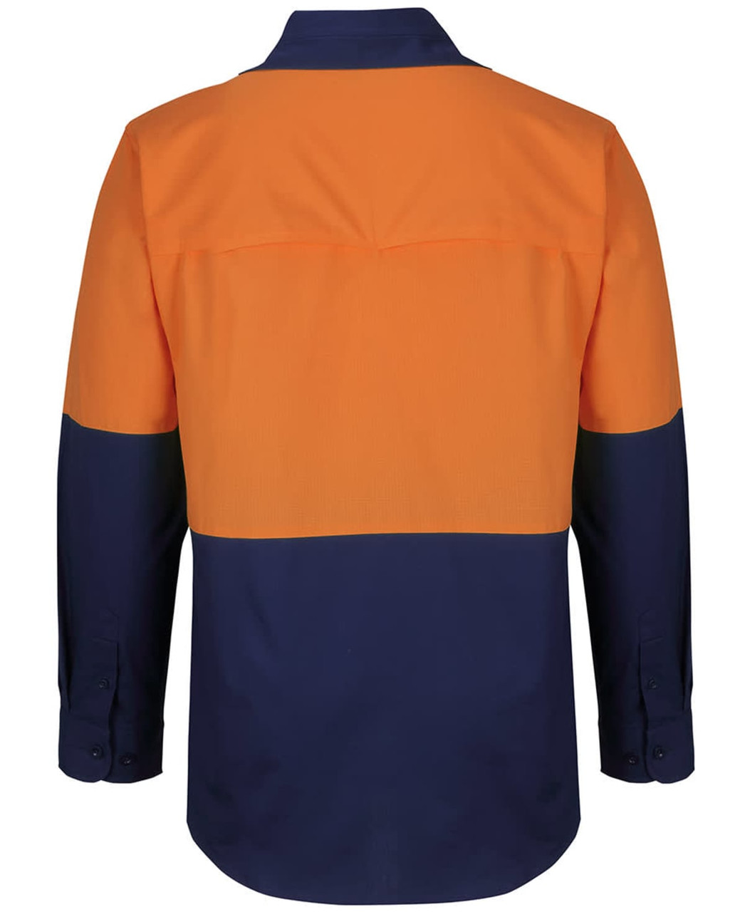 A long-sleeve ripstop fishing shirt featuring orange and navy colours, with a logo on the back.