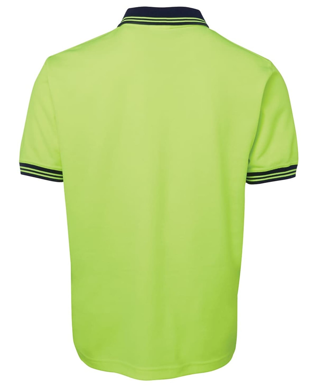 A bright green polo shirt with a navy collar and striped detailing. The shirt has a branding logo.
