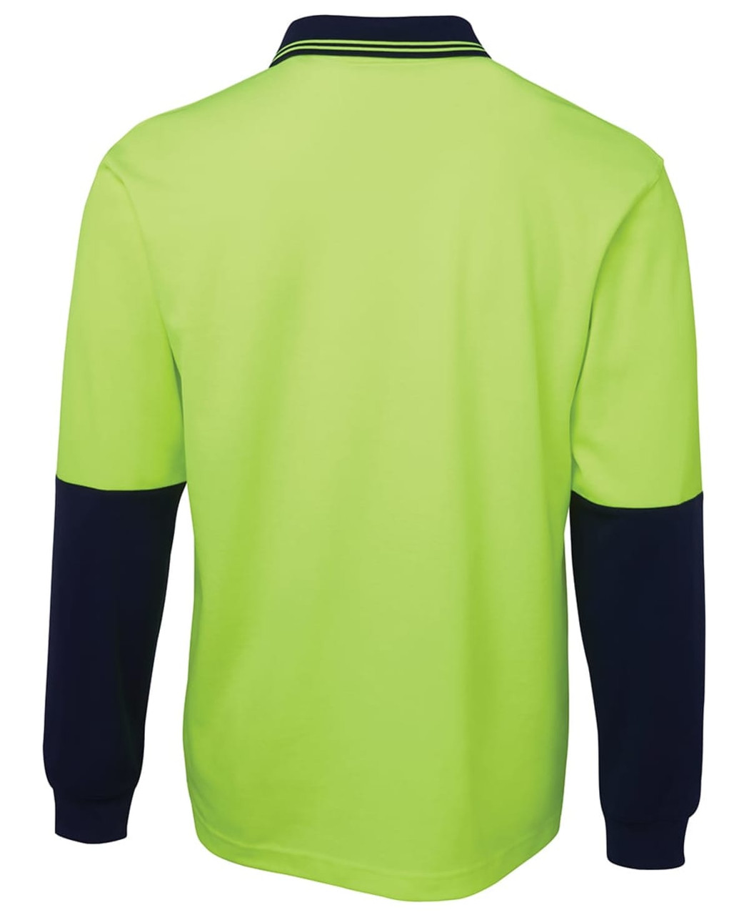 A long-sleeved polo shirt in bright yellow-green with navy blue sleeves and a logo on the chest.
