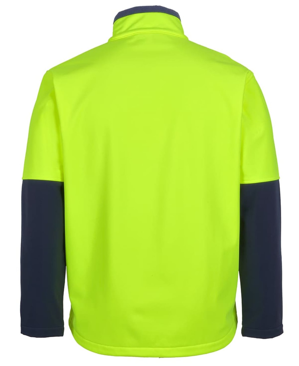 A high-visibility softshell jacket featuring a neon yellow body and navy blue sleeves, with a collar and a logo.