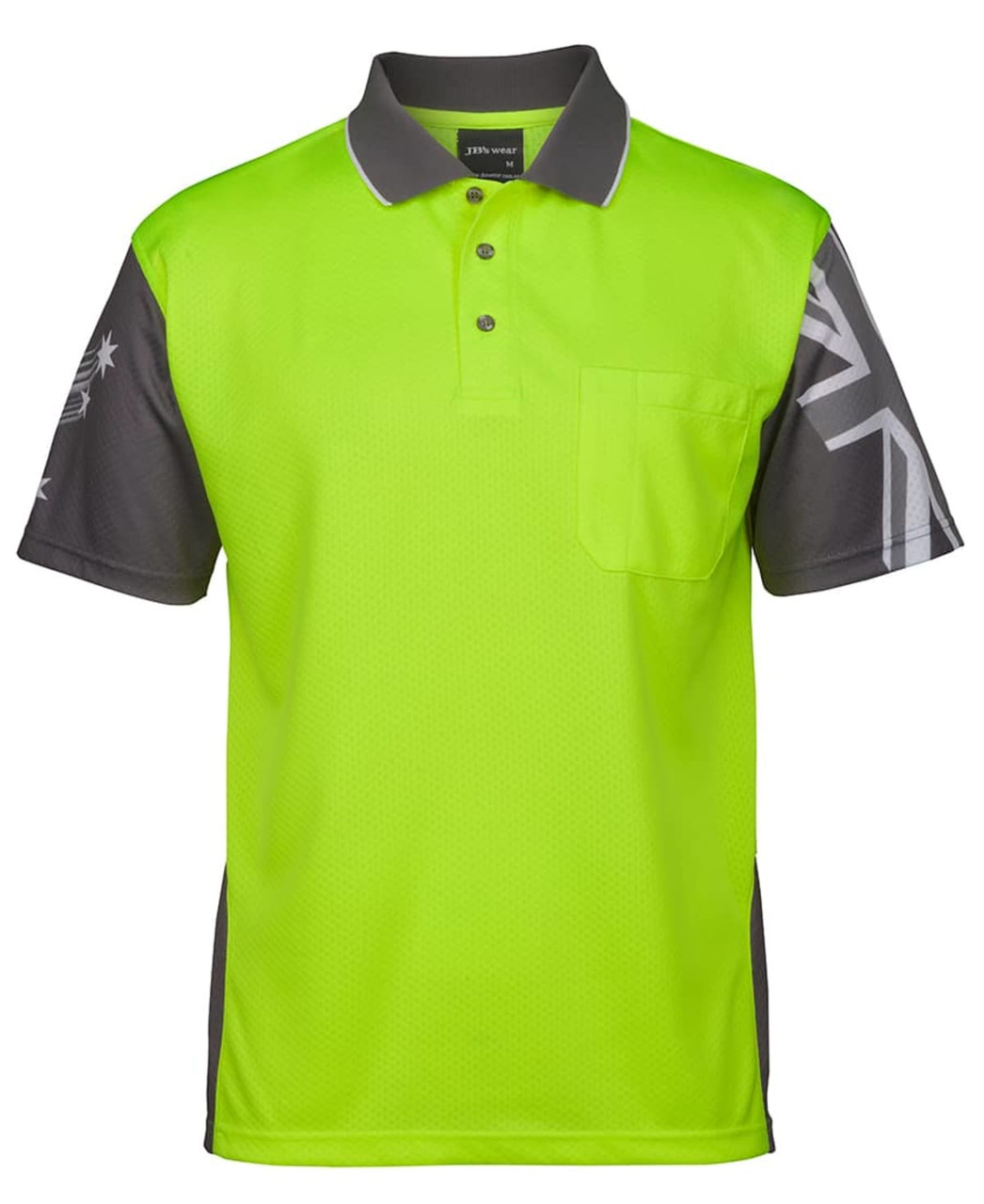 A bright yellow and grey work polo shirt with a pocket and a logo on the sleeve.