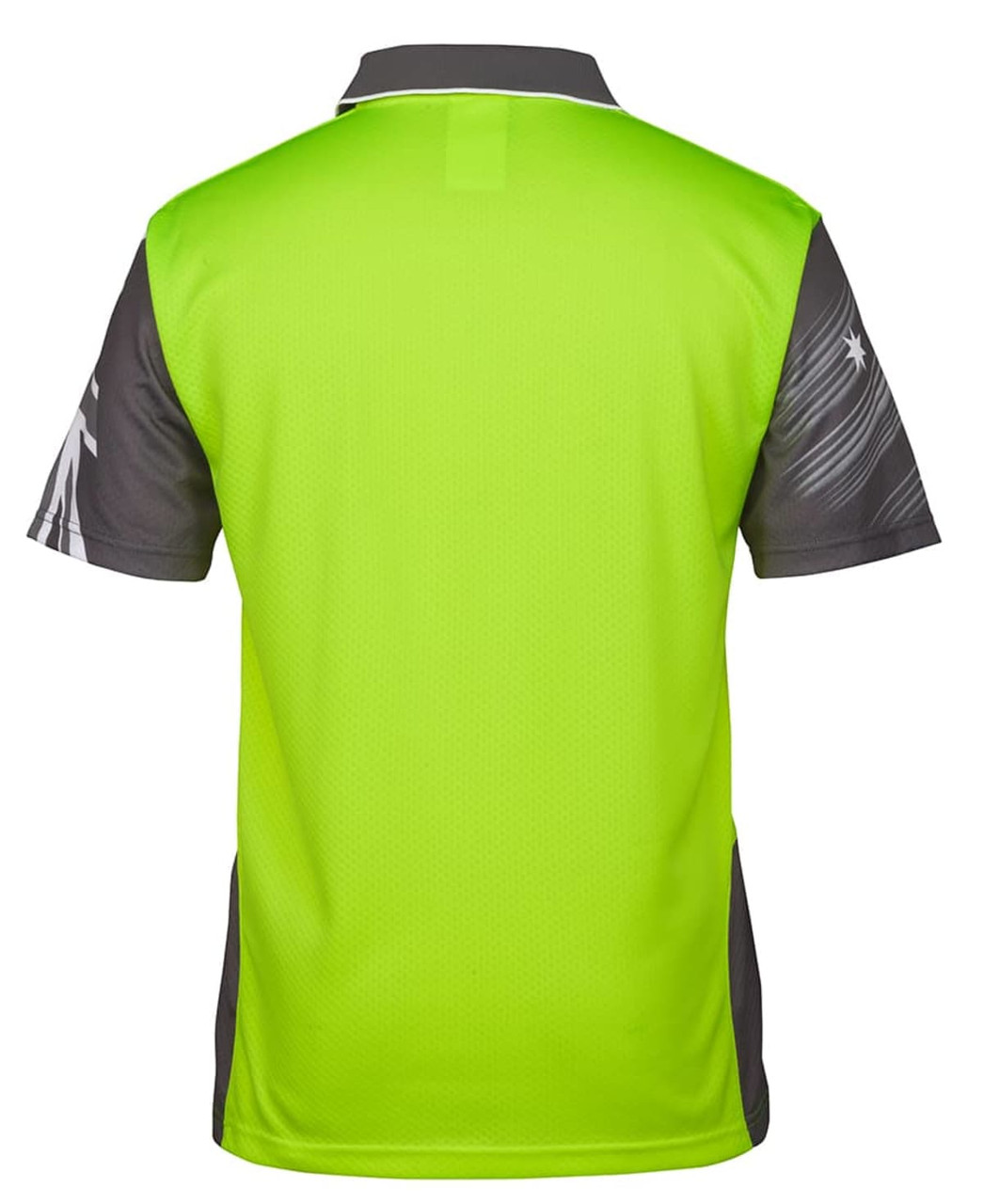 A vibrant green and grey polo shirt featuring a logo, designed for workwear use.