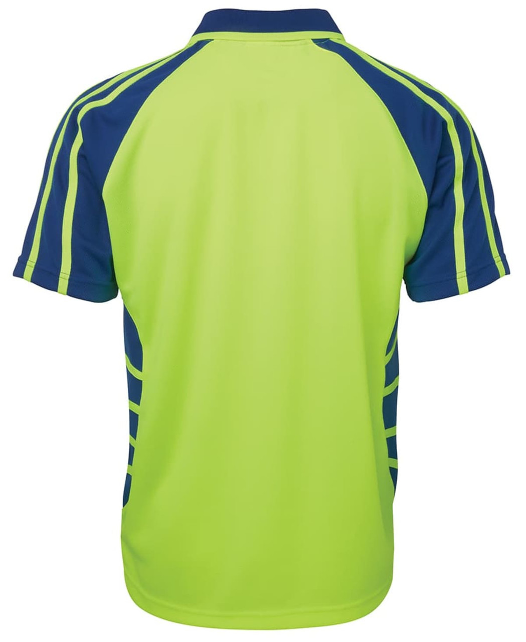 A bright green and navy work polo shirt with short sleeves and a sporty design, featuring a logo.