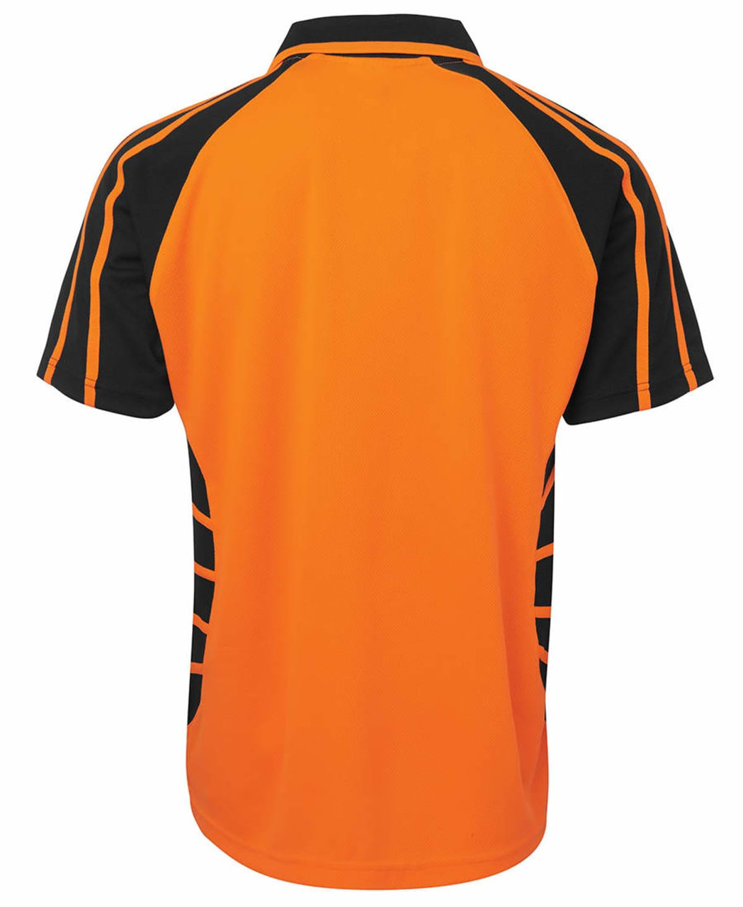 An orange and black polo shirt with a logo, featuring a sporty design and mesh details.