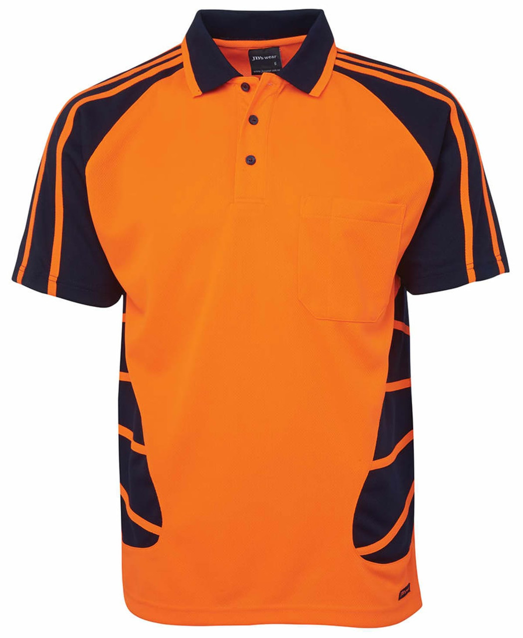 An orange and navy blue short-sleeve polo shirt featuring a chest pocket and a logo.
