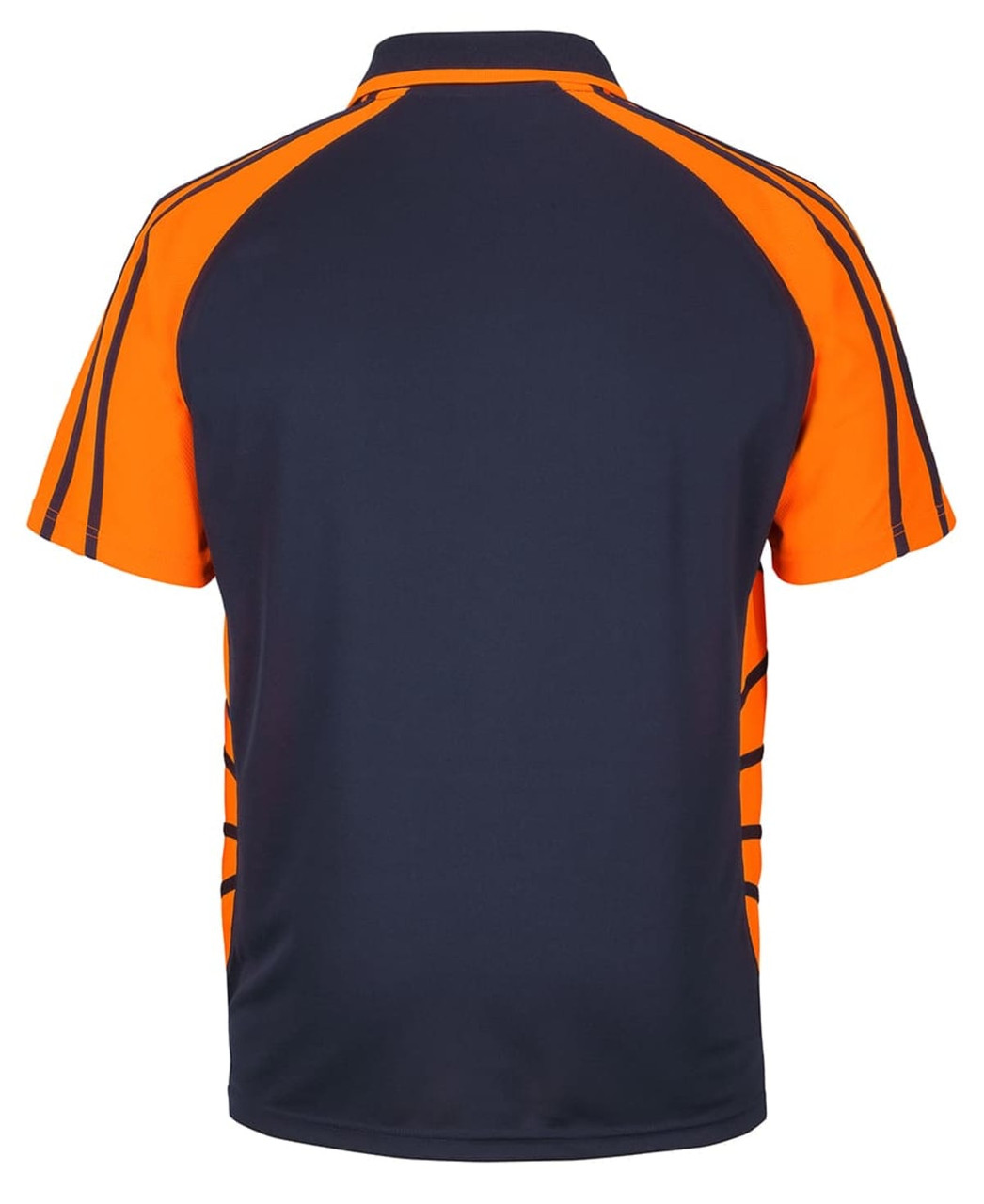 A polo shirt featuring a navy blue base with bright orange accents and a logo on the back.