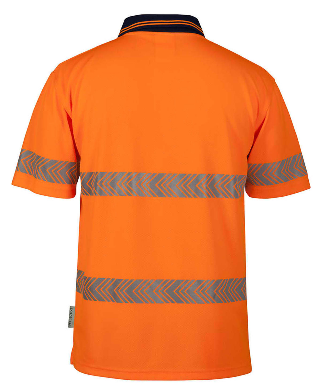 An orange polo shirt with reflective segmented stripes and a collar, featuring a logo on the side.