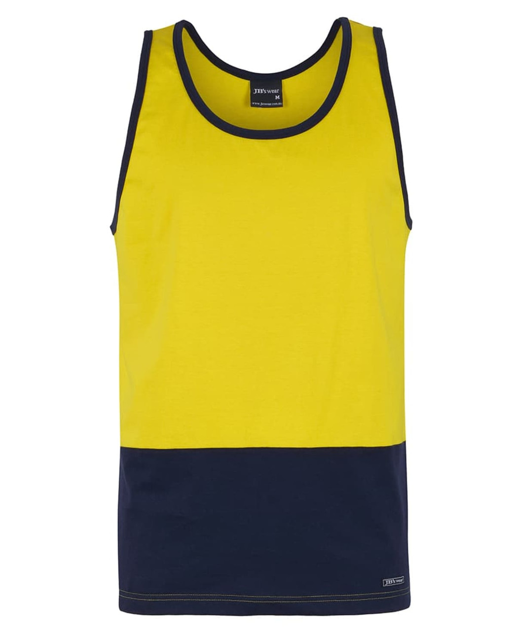 A work singlet in bright yellow with a navy blue bottom, featuring a logo on the label.