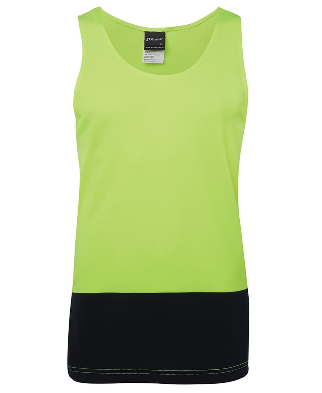 A high-visibility singlet in bright lime green with a black bottom section, featuring a logo.