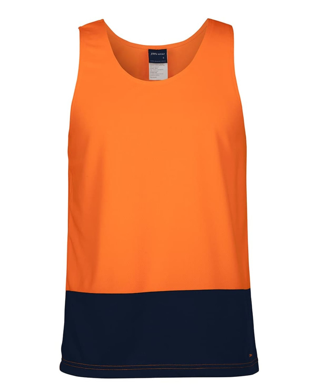 An orange and navy work singlet featuring a logo on the front, designed for workwear.