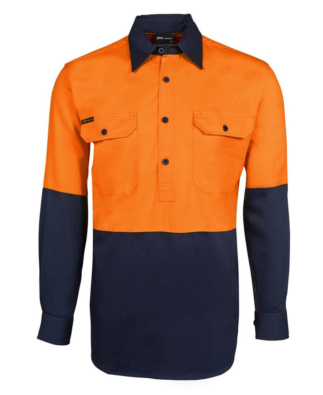 High-visibility long sleeve work shirt in orange and navy, featuring two front pockets and a branding logo.