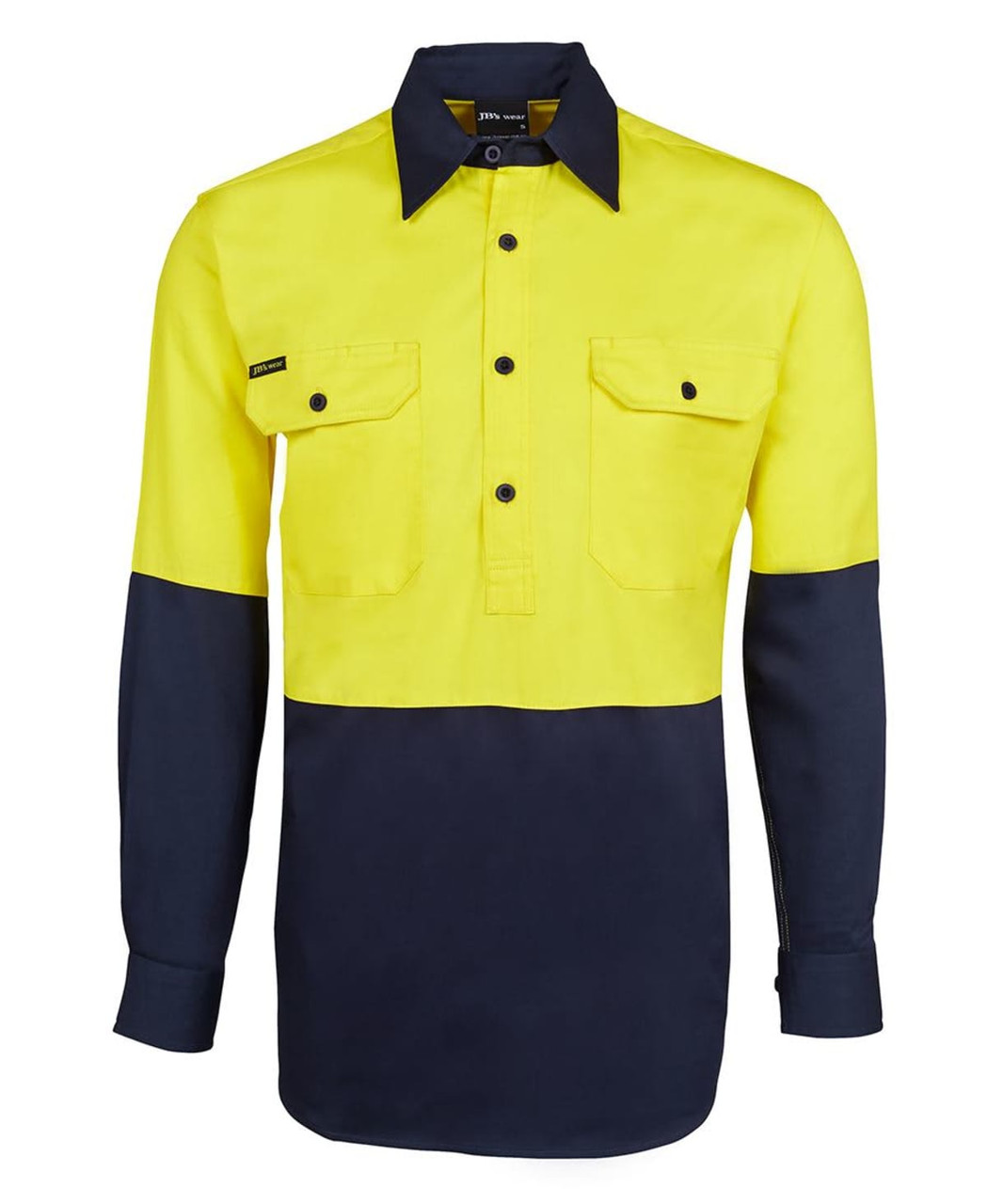 A long-sleeved work shirt featuring a high-visibility yellow upper and navy blue lower, with two front pockets and a logo.
