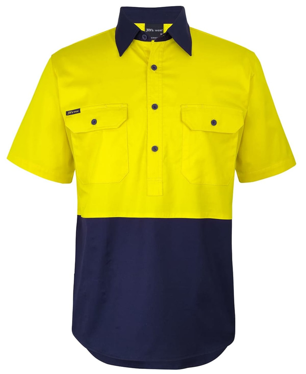 A short-sleeved work shirt in high-visibility yellow and navy, featuring a front pocket and a logo.