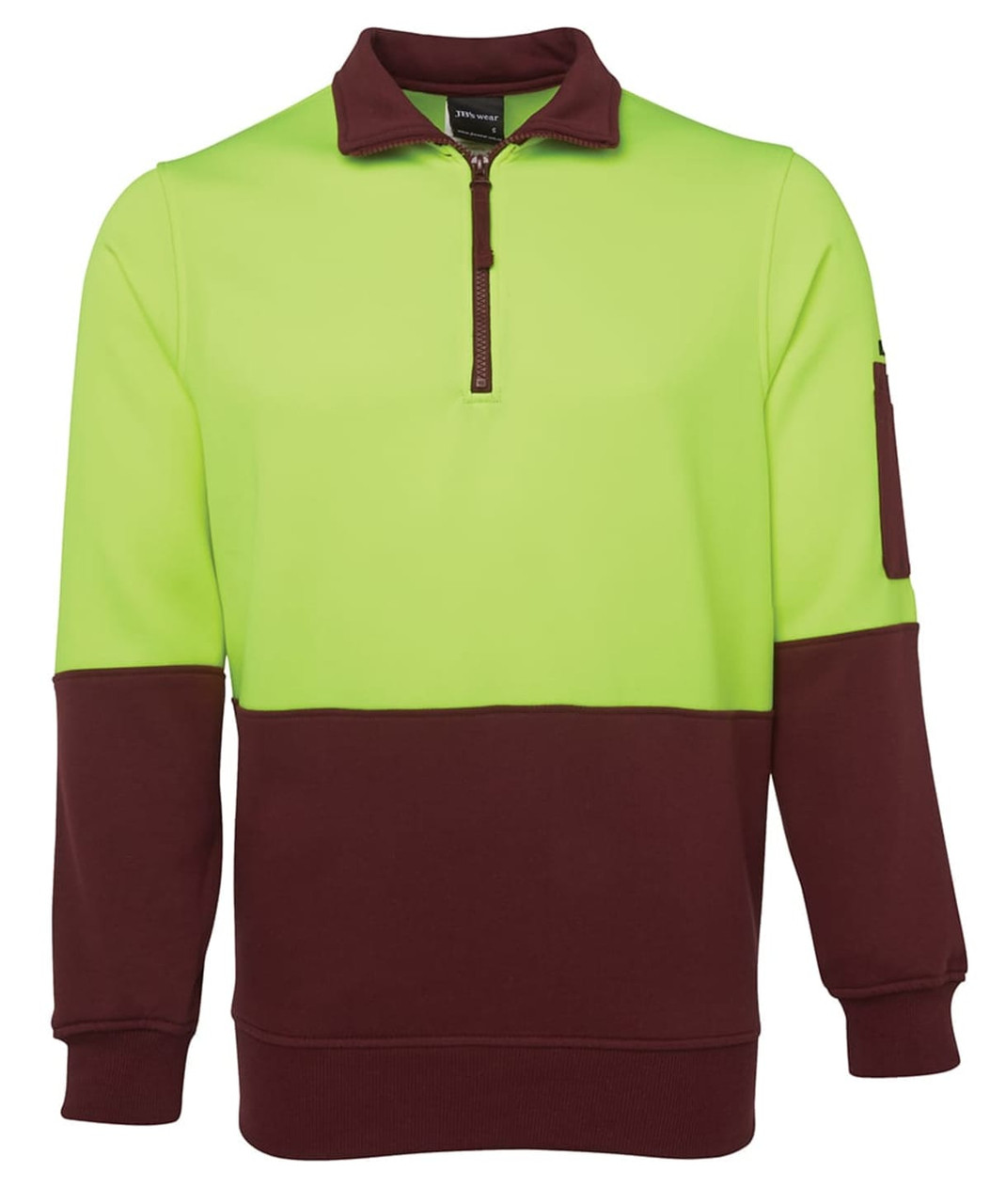 A high-visibility polar fleece in bright green and brown, featuring a zippered neck and a side pocket.