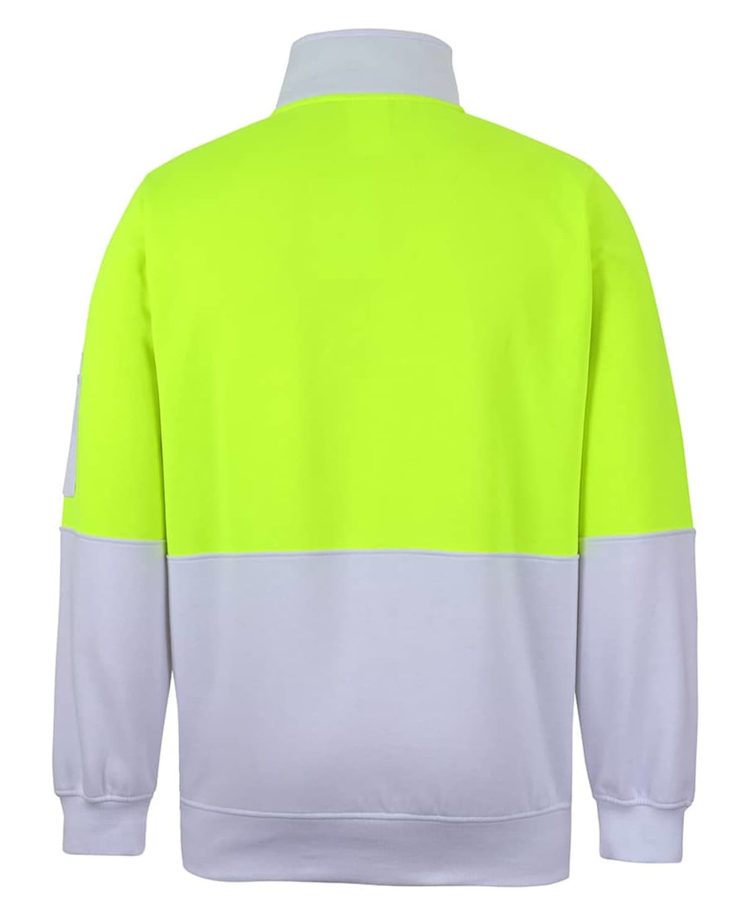 A high-visibility fleece jumper in bright yellow and grey, featuring a collar and long sleeves, with a logo on the side.