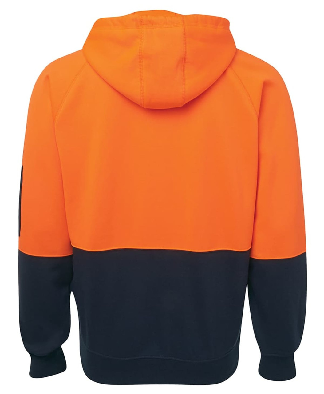 An orange and navy hoodie with a full zip and hood, featuring a logo on the sleeve.