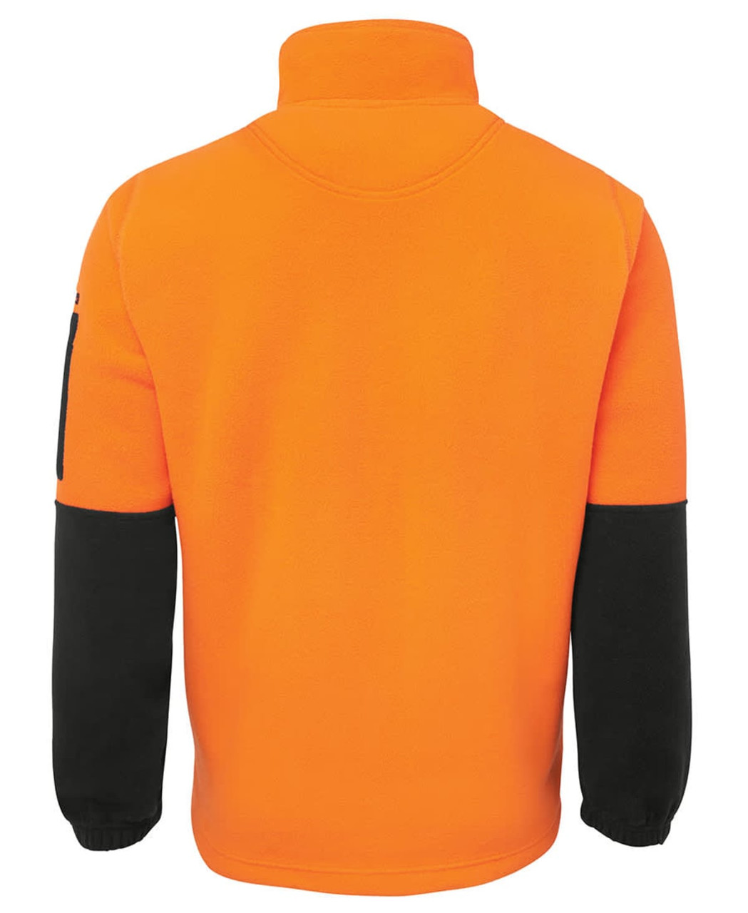 A brightly coloured orange polar fleece jacket with black sleeves and a high collar. It features a logo on the sleeve.