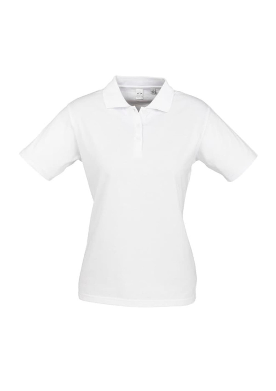 A white short sleeve polo shirt for women, featuring a classic collar and a logo on the chest.