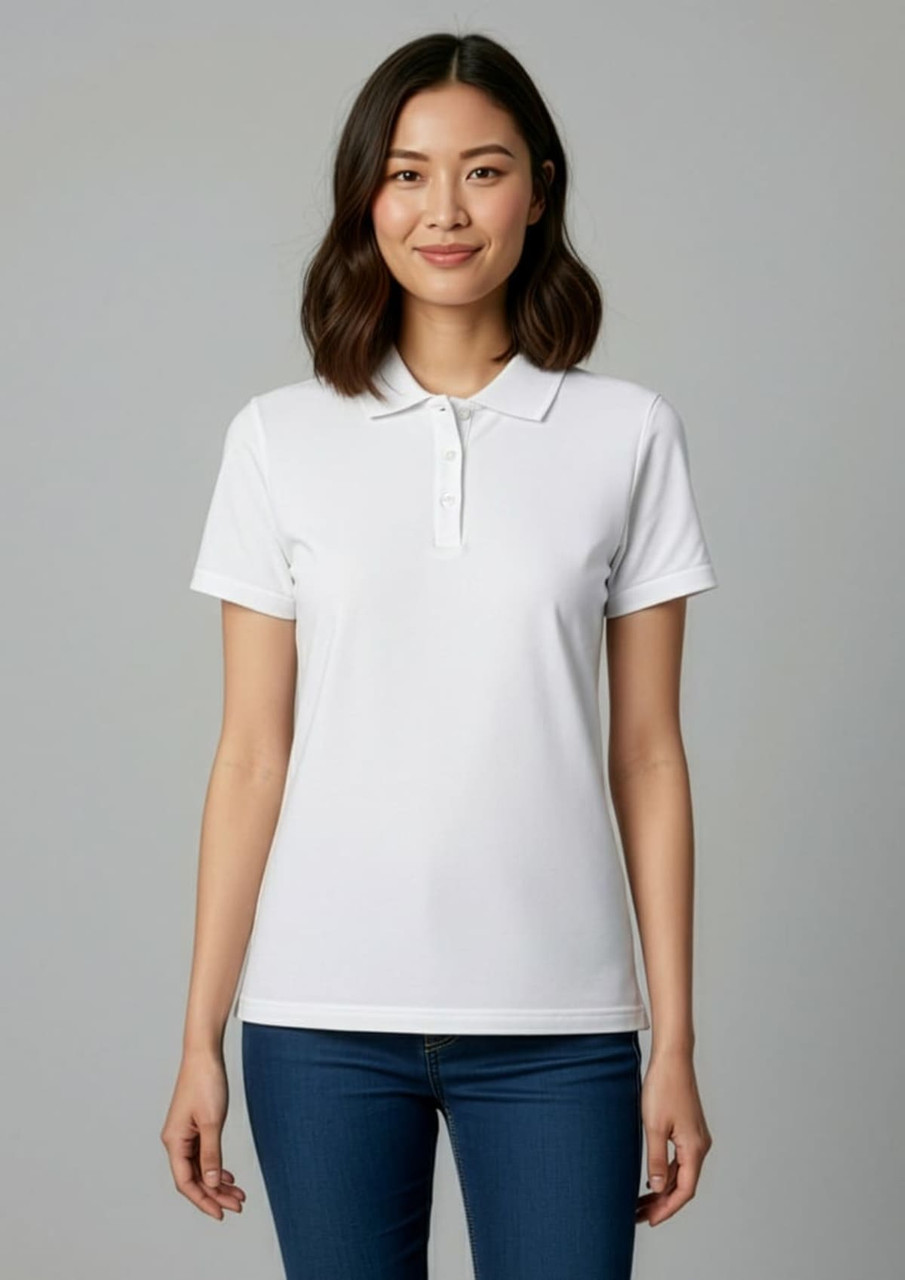 A white women's short sleeve polo shirt featuring a collar and a fitted design. The model is wearing it with blue jeans.