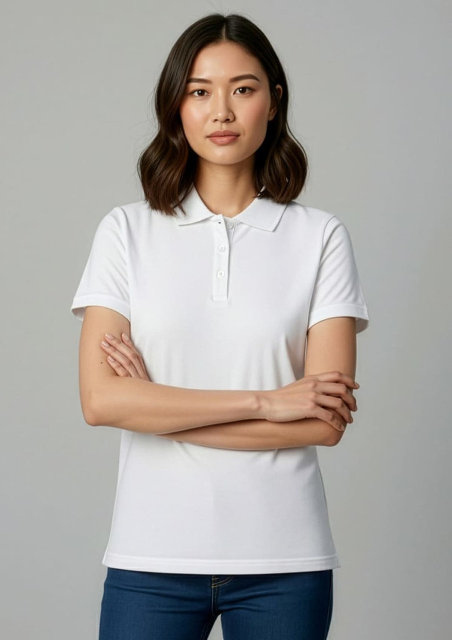 A white women's ice short sleeve polo shirt with a collar, featuring a logo. Suitable for casual wear.