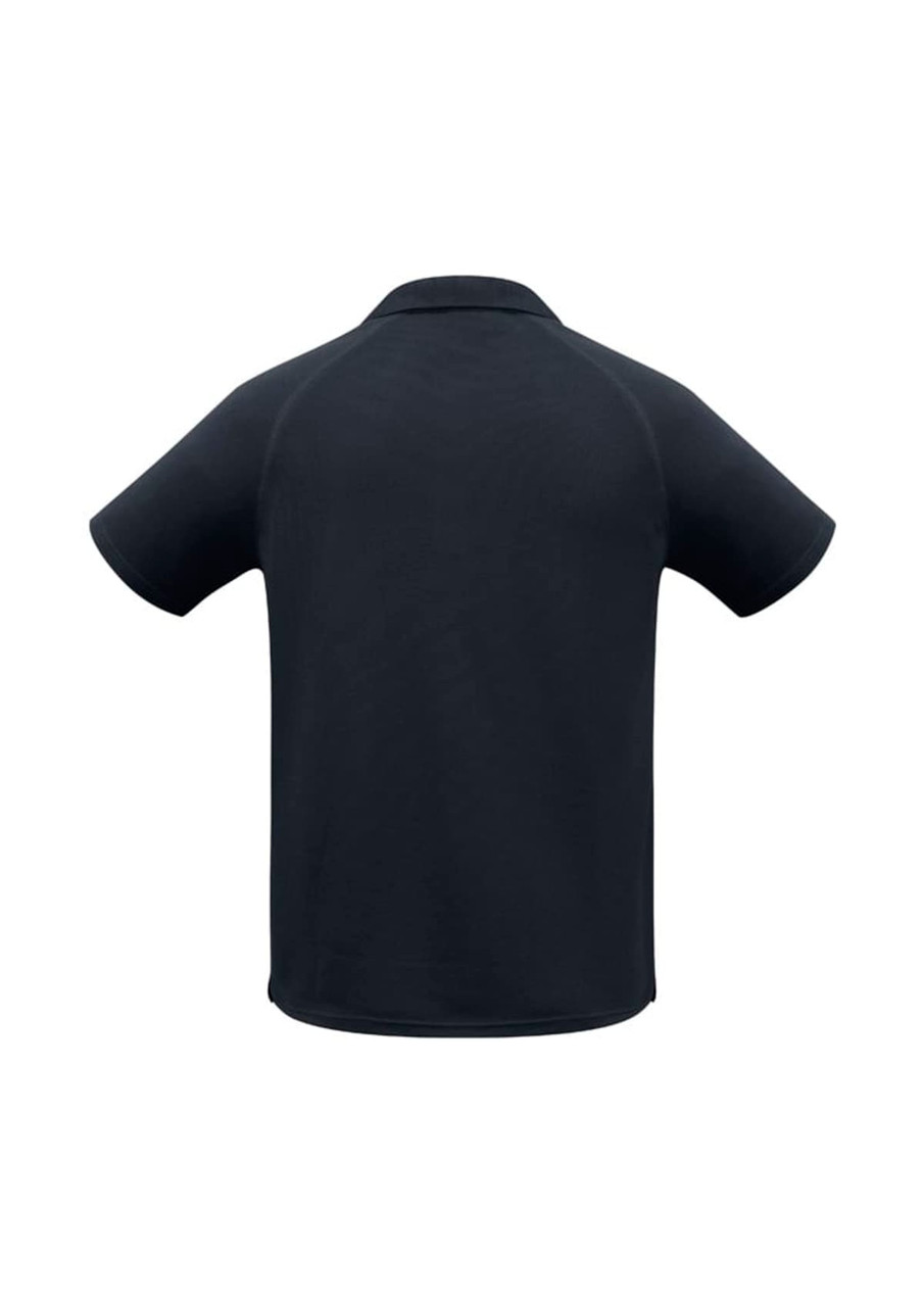 A black men's short sleeve polo shirt featuring a back view and a logo on the back.