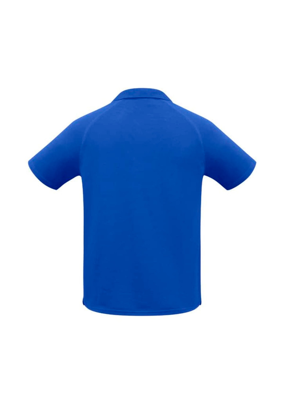 A blue men's short sleeve polo shirt featuring a simple design and a collar, with a logo on the back.