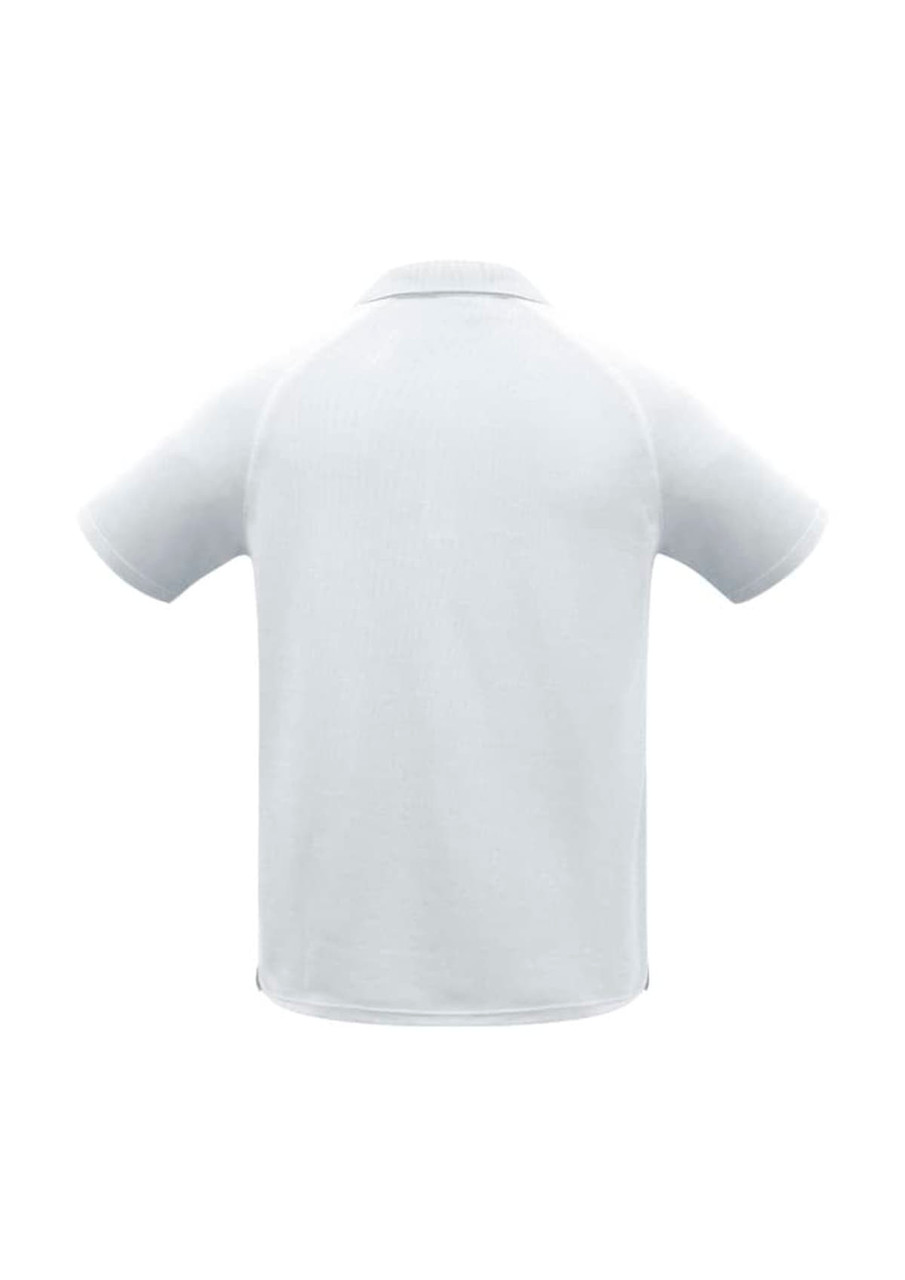 A light blue men's sprint short sleeve polo shirt featuring a collar and a logo on the back.