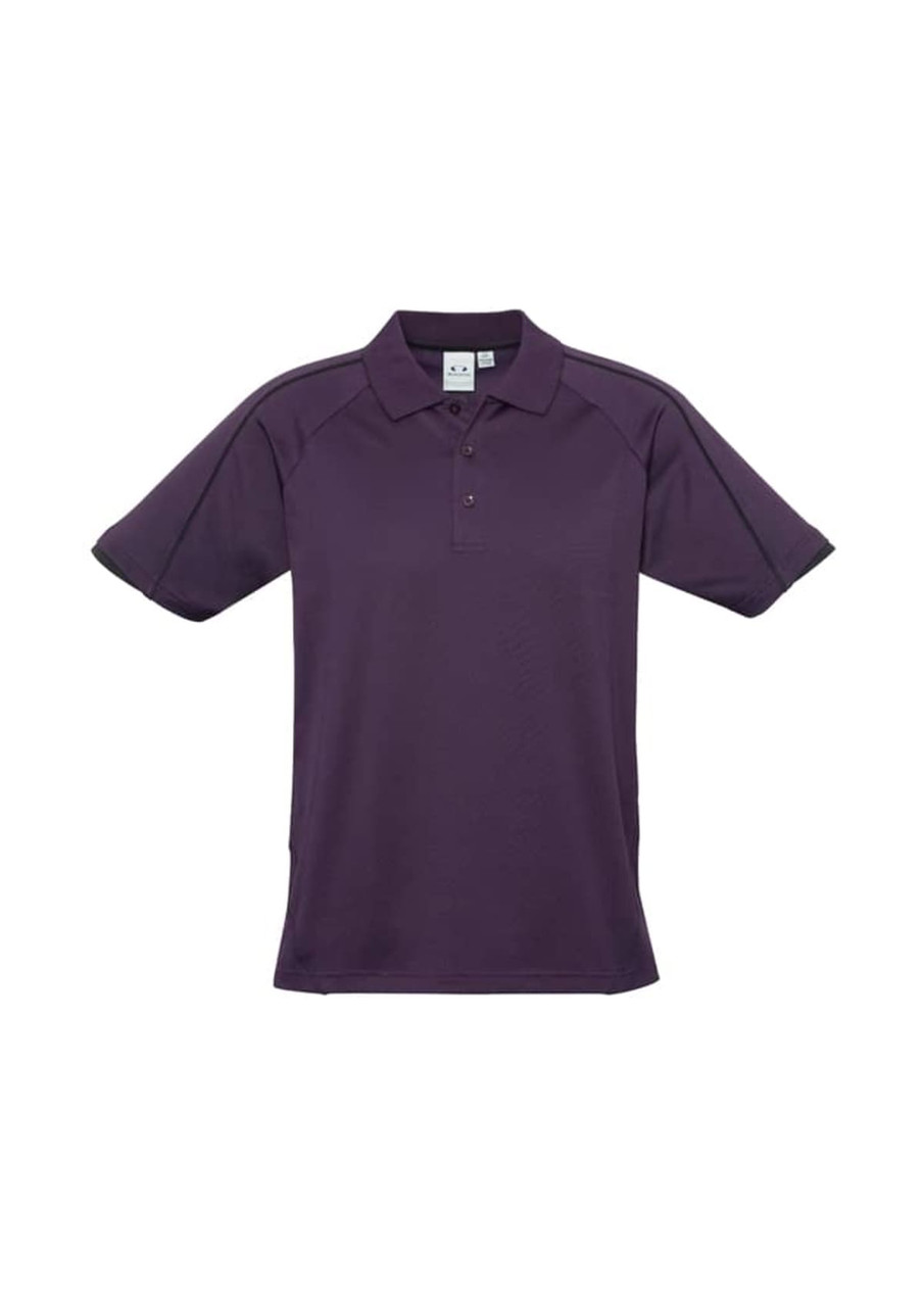 A purple short sleeve polo shirt featuring a collar and a logo.