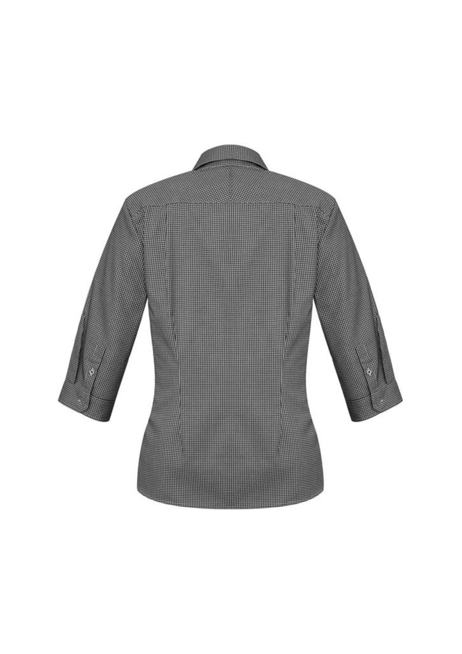 A women's 3/4 sleeve button-up shirt in black and white check pattern, featuring a back view and a logo.