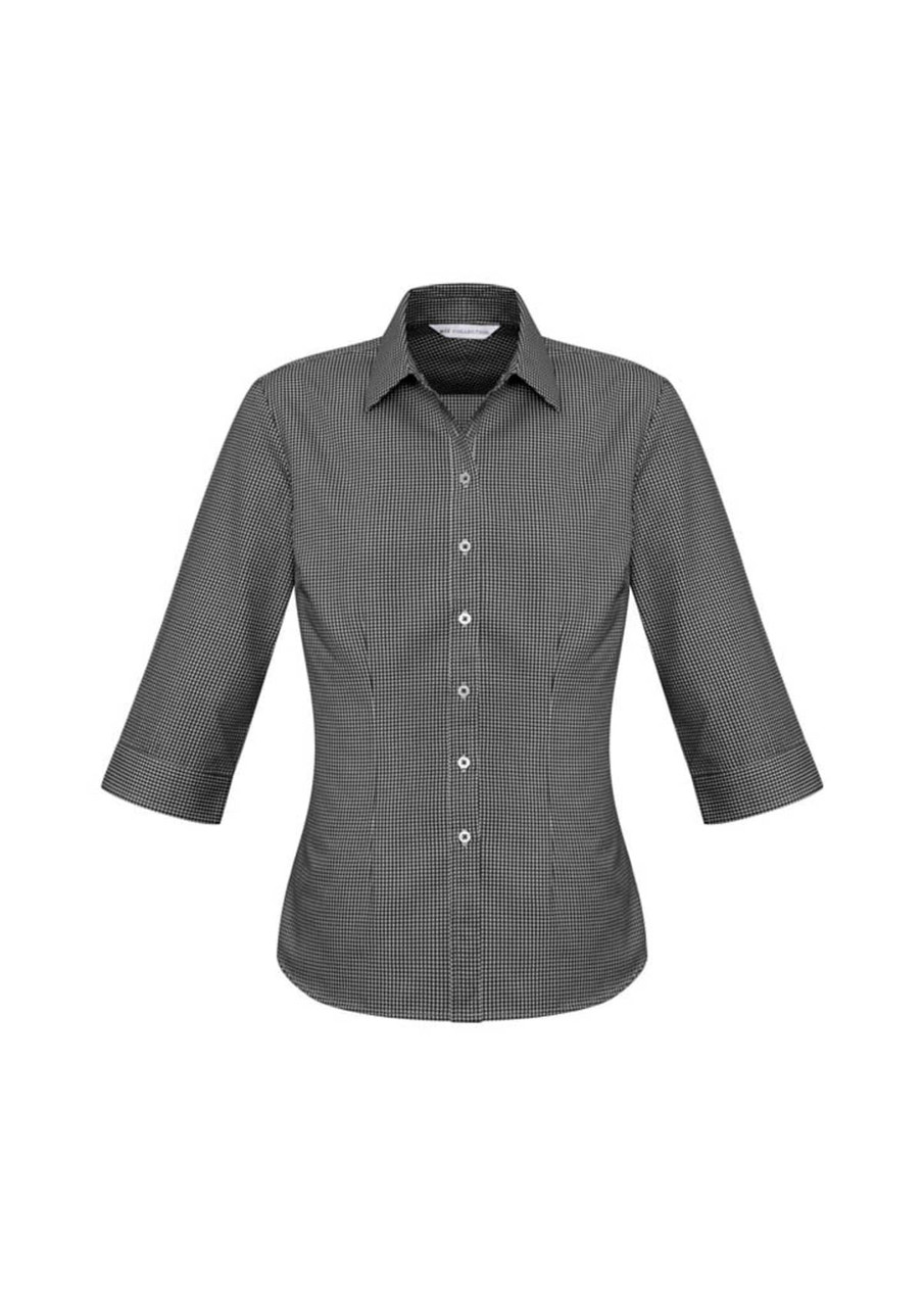 A women's button-up shirt in a black and white check pattern with 3/4 sleeves and a fitted design.