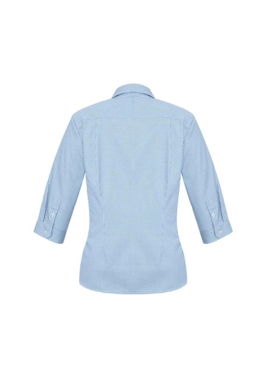 A blue check-patterned women's button-up shirt with 3/4 sleeves and a collar, featuring a logo.