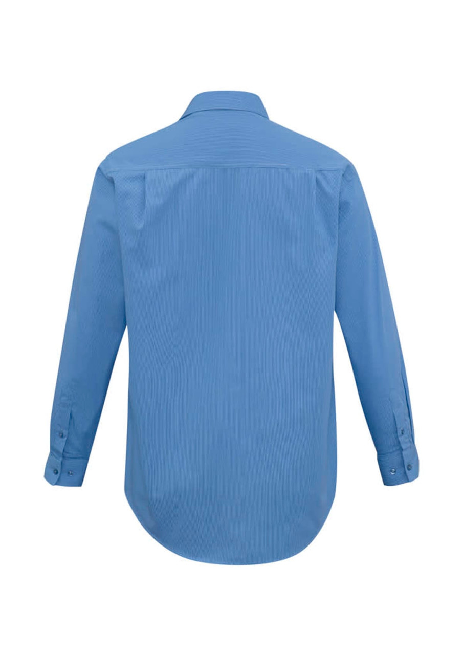 A blue long sleeve button-up shirt featuring a micro-check pattern and a collar. It has a logo on it.