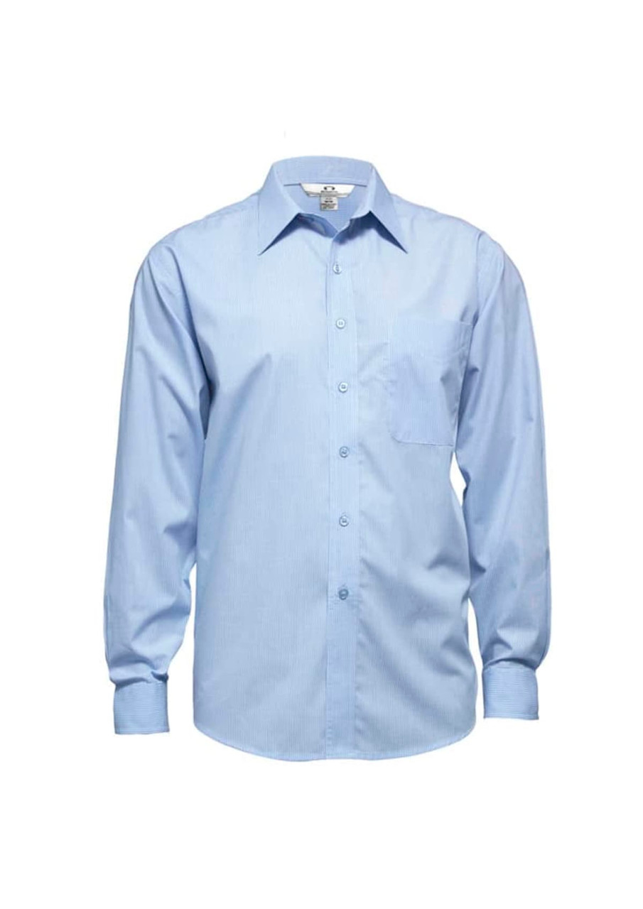 A light blue long sleeve button-up shirt with a pocket on the front and a logo.
