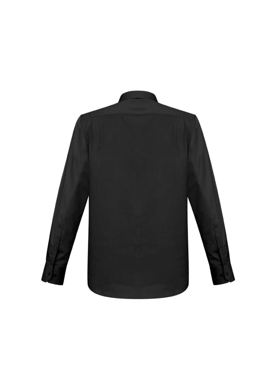 A black long sleeve button-up shirt featuring a classic design and cuff details, with a logo on the back.