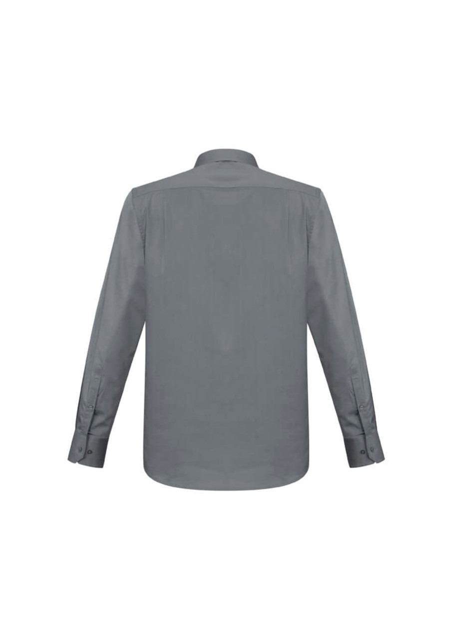 A grey long sleeve button-up shirt with a classic collar and buttoned cuffs, featuring a logo.