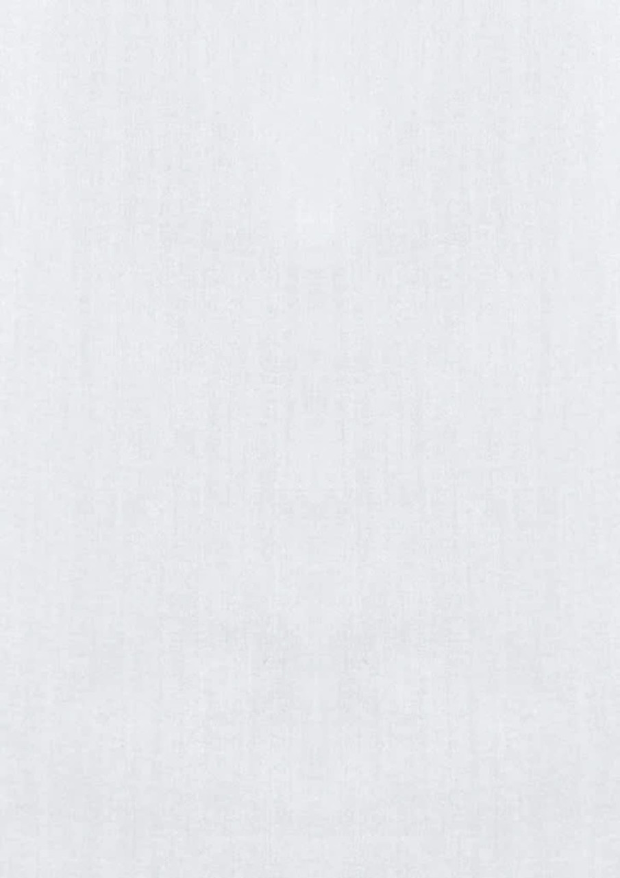A white long sleeve button-up shirt with a subtle texture and an attached logo.