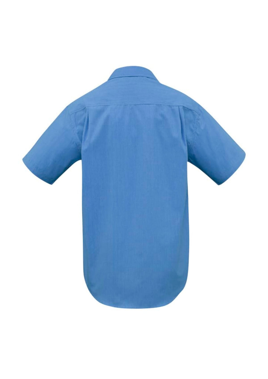 A blue short sleeve button-up shirt with a micro check pattern and a logo on the back.