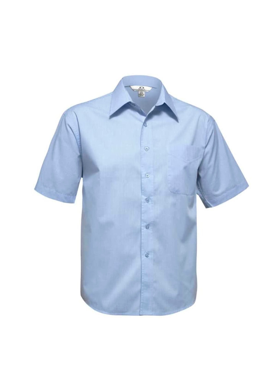 A light blue short sleeve button-up shirt with a pocket and a logo on the chest.