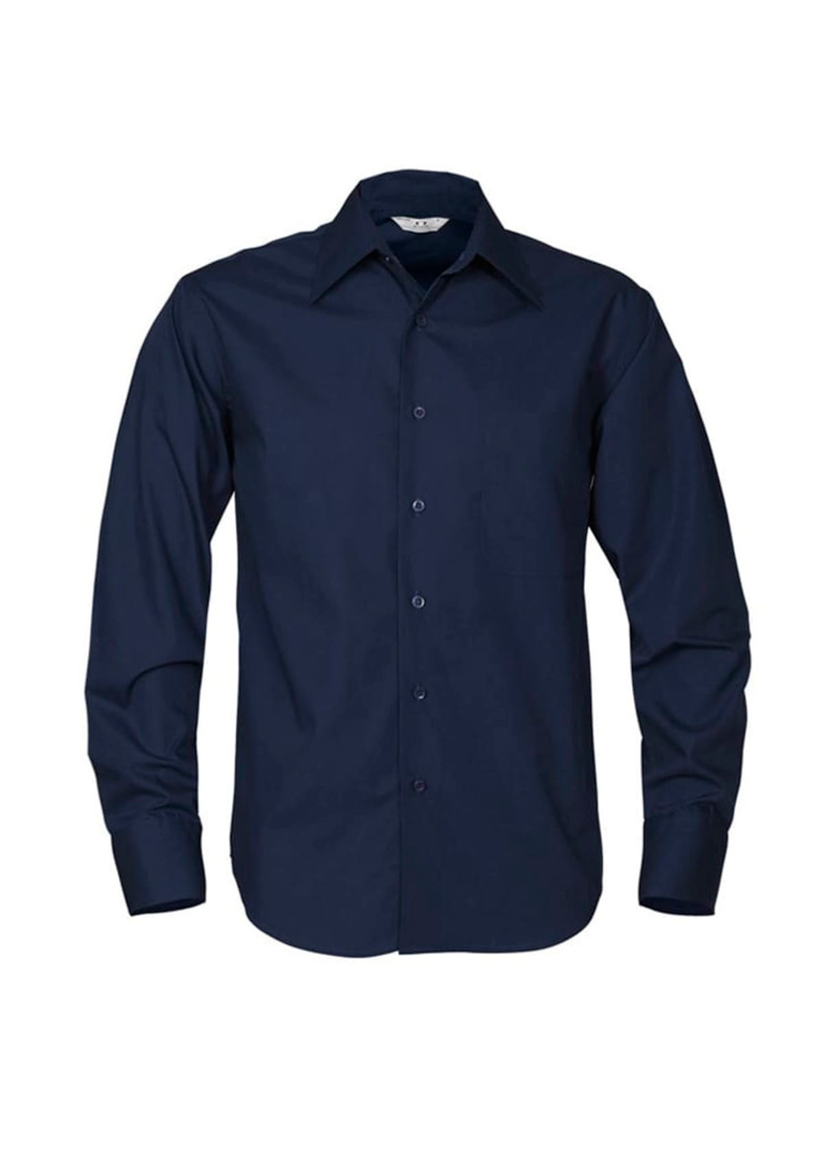 A navy long sleeve button-up shirt with a pocket and a logo on the chest.